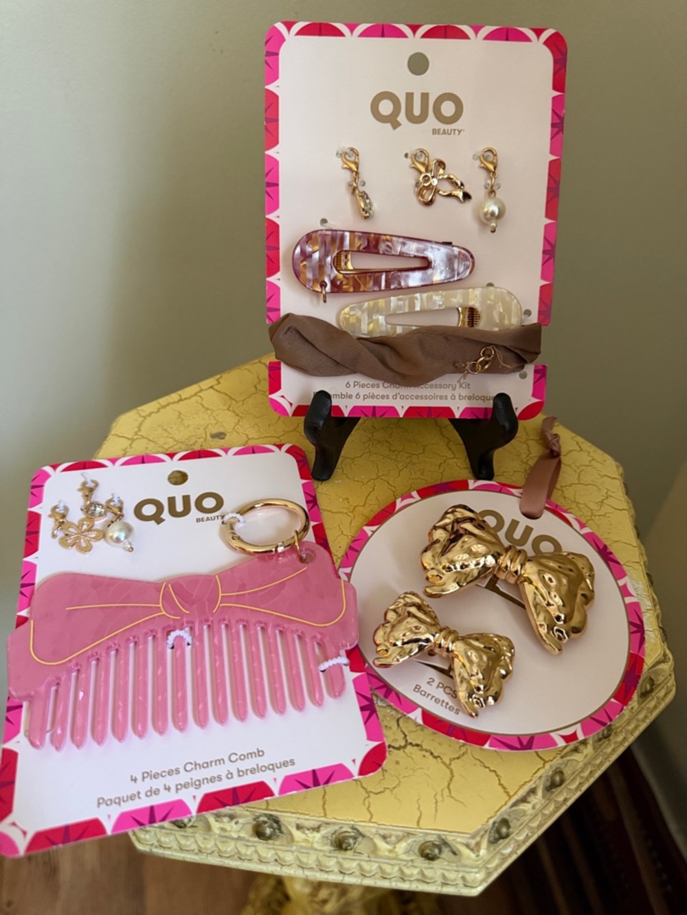 QUO Pink and Gold Hair Accessory Set - Pearl Charm x3